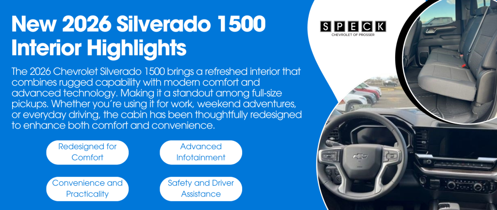 Informative graphic showing the new 2026 Silverado 1500 Interior Highlights